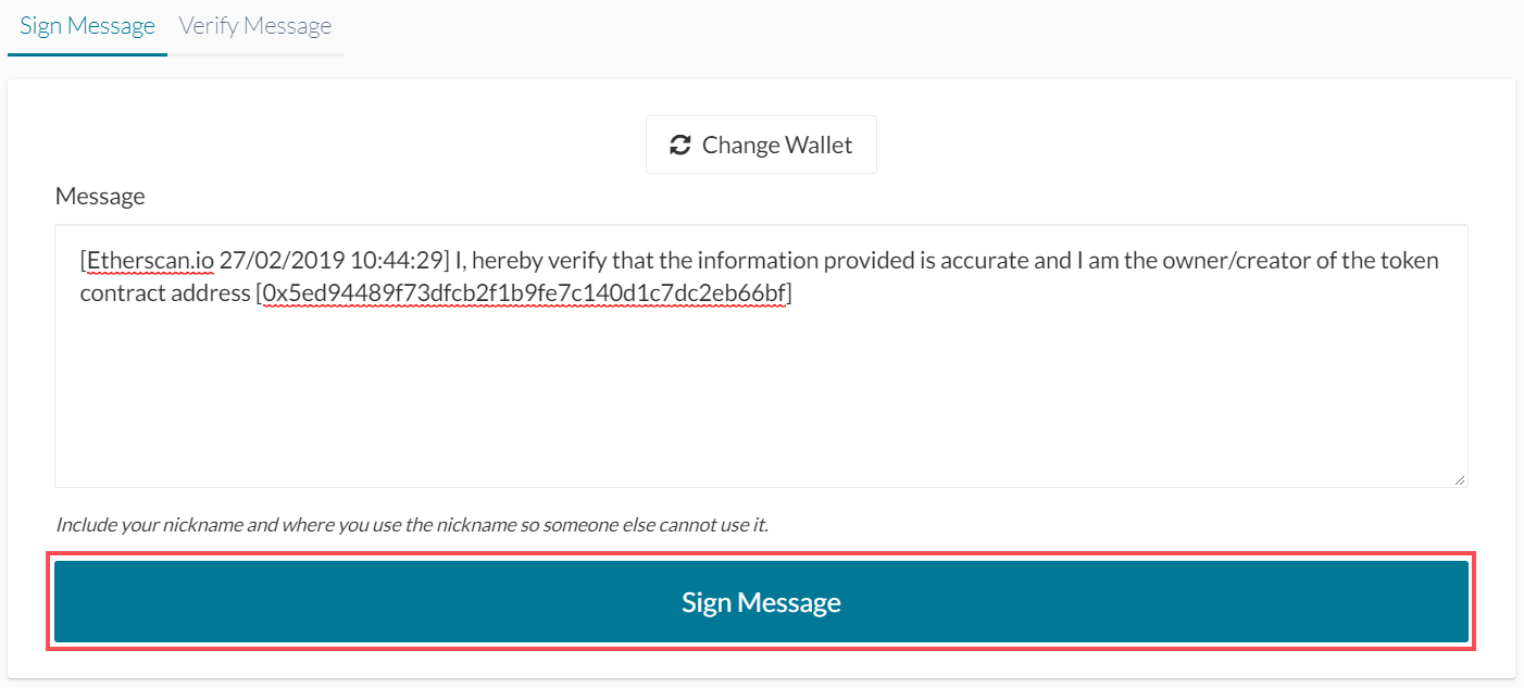 Update Token Info - Click Sign Message in MyCrypto Wallet