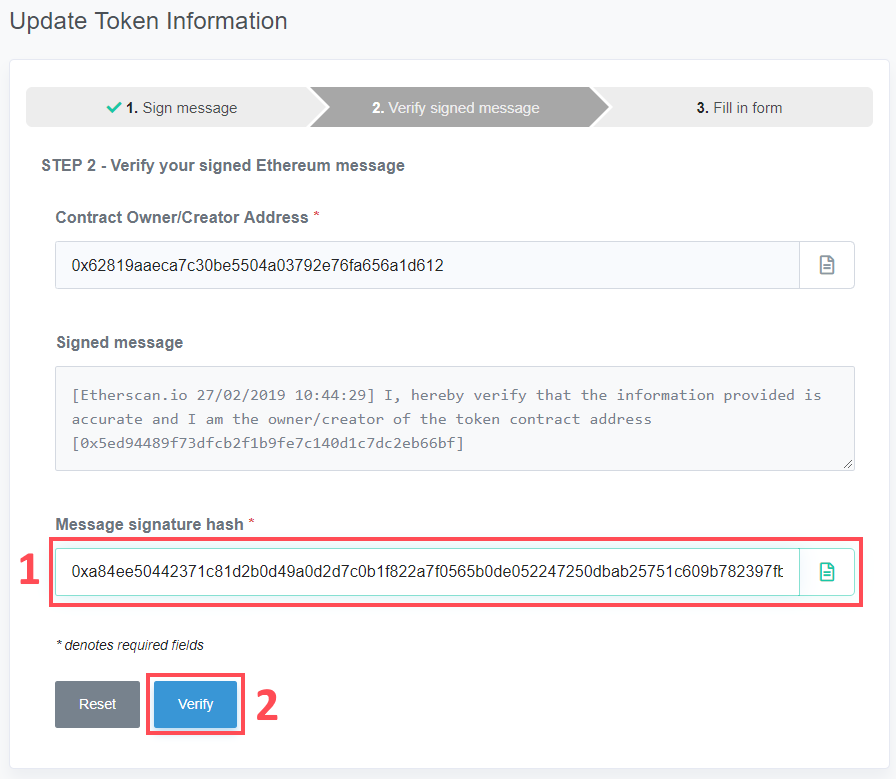 Update Token Info - Paste Signature and Click Verify Button