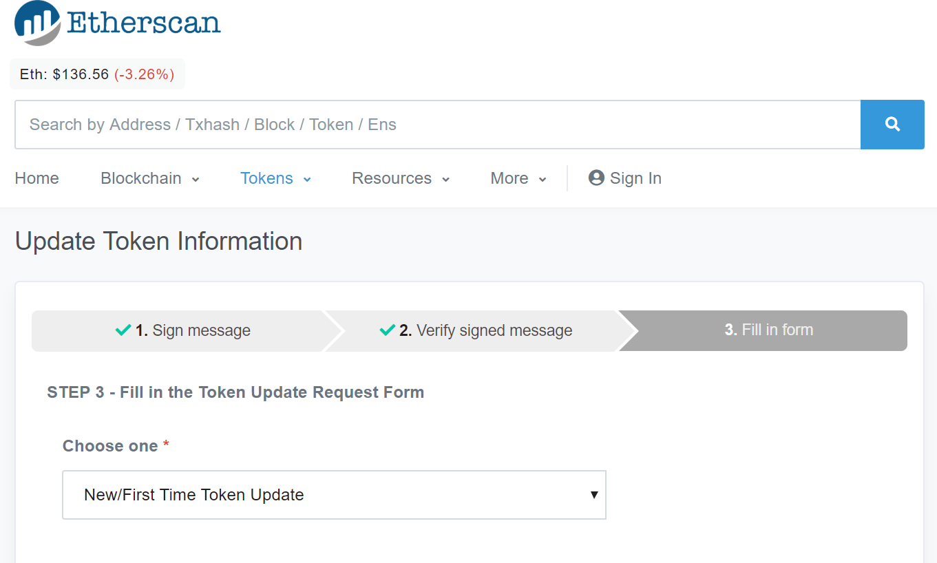 Etherscan Update Token Information Form